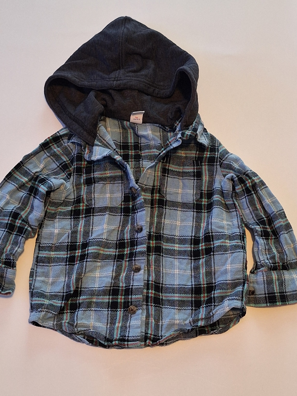 Old Navy Light Blue and Dark Gray Plaid Button-Down Hoodie Shirt Size 3T
